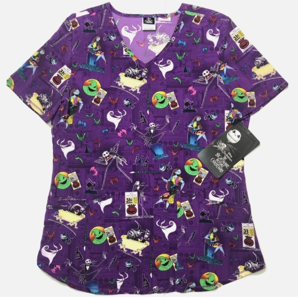 Womens Scrub Top Disney Nightmare Before Christmas Skellington Halloween 2XL